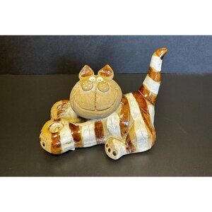 Vintage Nancy Ecklund Ceramic Cat Sculpture Brown & Cream Striped Figurine